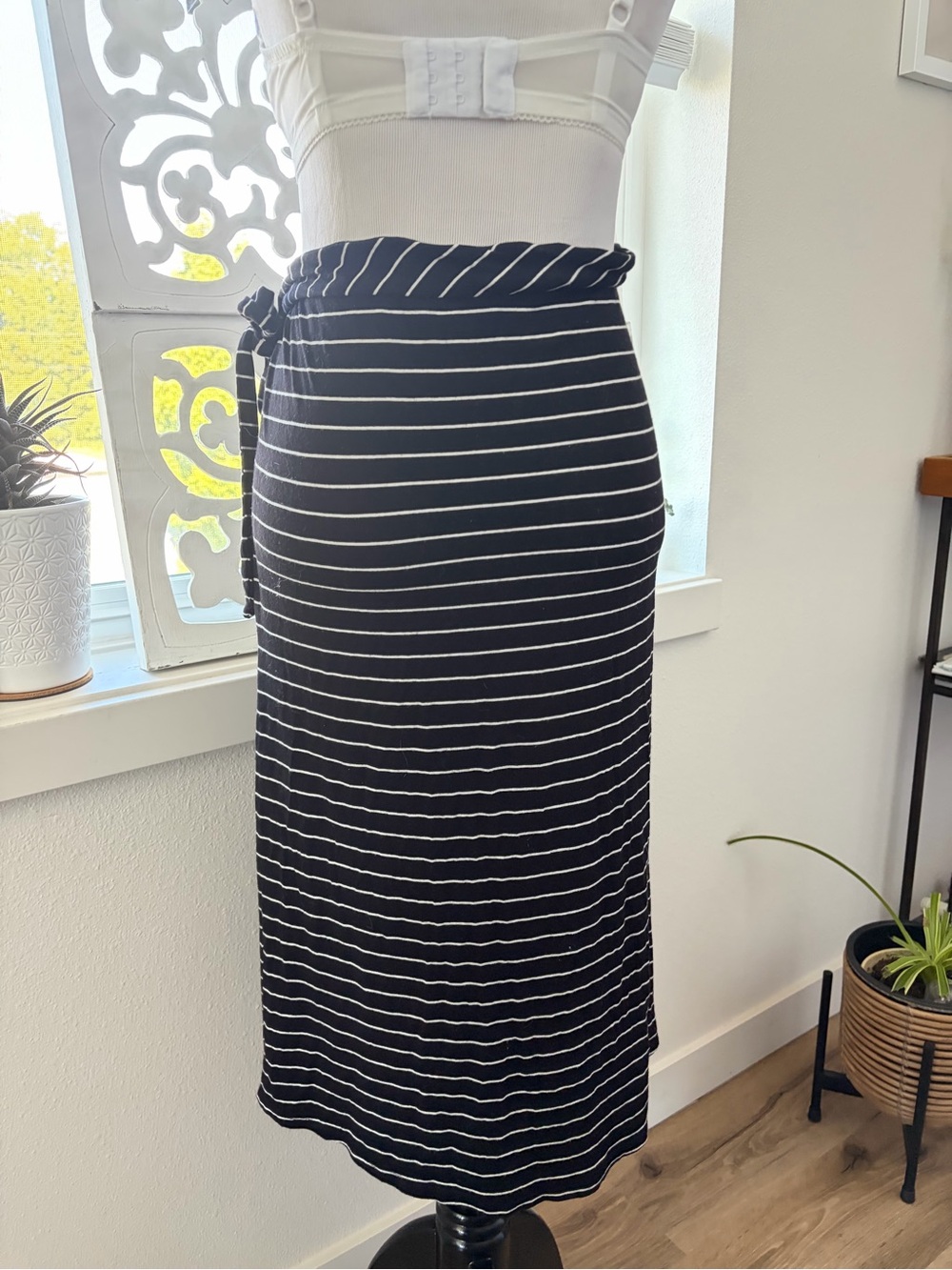 Adrienne Vittadini Black and White Striped Midi Skirt with Side Tie